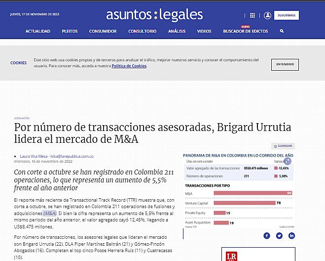 Por nmero de transacciones asesoradas, Brigard Urrutia lidera el mercado de M&A